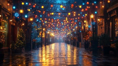 festive christmas street with lights and trees