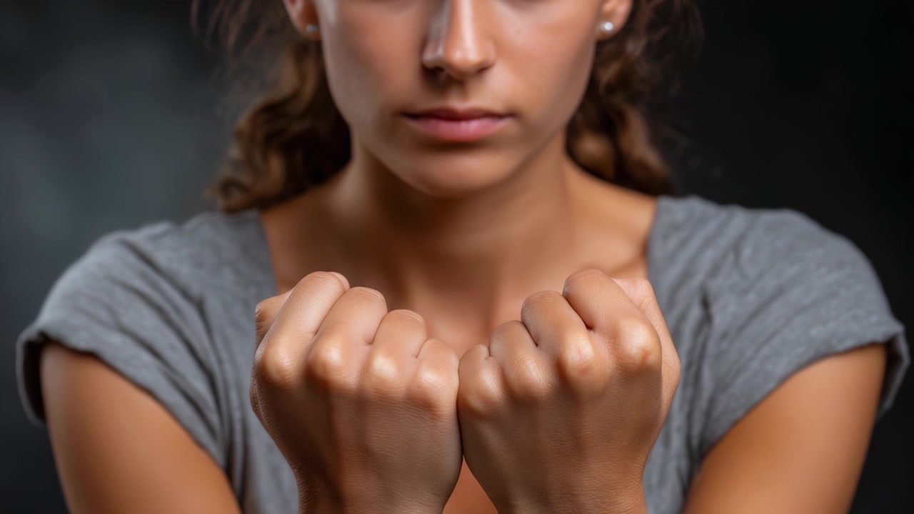 A Close-Up of a Determined Young Woman with Clenched Fists, Expressing Intensity and Resolve in a Dramatic, Low-Light Setting