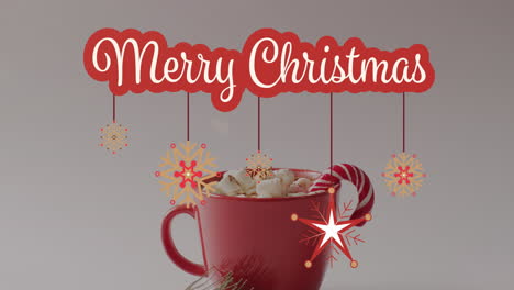 animación de felicitaciones navideñas texto sobre bebida y decoraciones navideñas