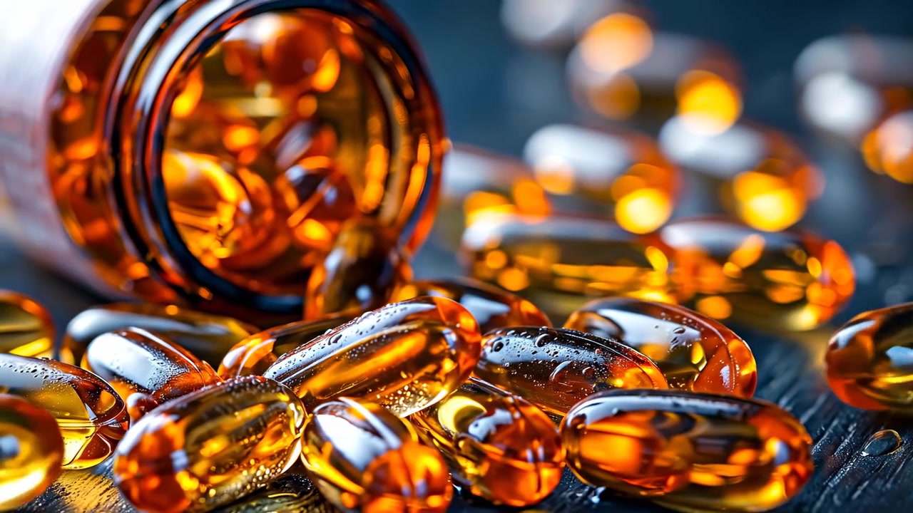 Capsule di gel liquido ambrato che fuoriescono da una bottiglia di vetro. Primo piano di capsule softgel traslucide dorate sparse da una bottiglia di vetro ambrato su una superficie scura con effetto bokeh.