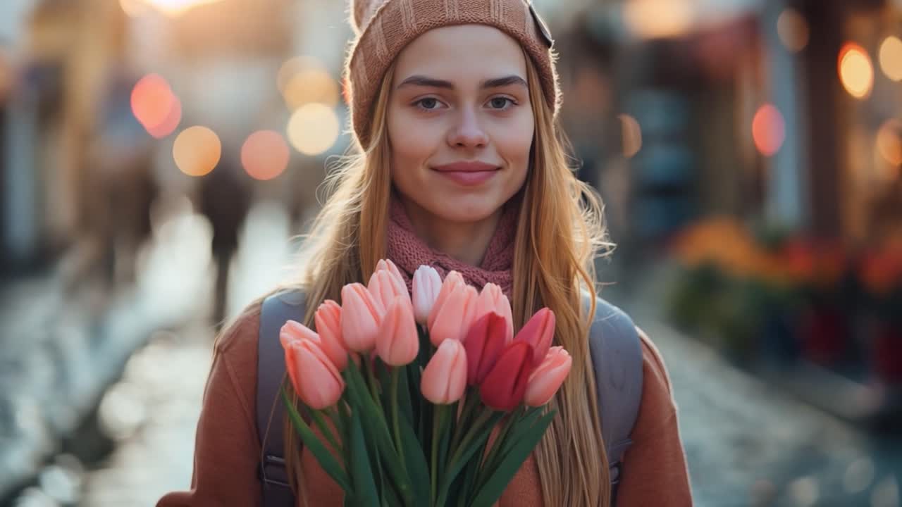 Молодая женщина улыбается с букетом тюльпанов на улице