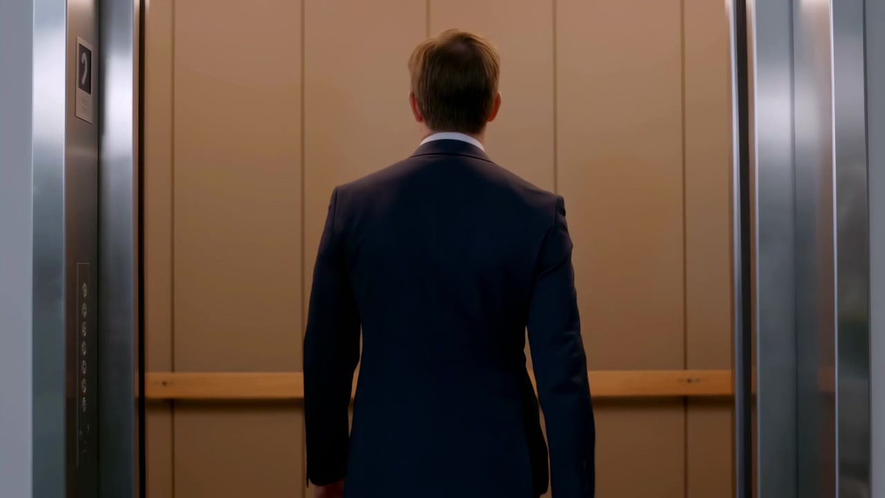 Uomo bianco in abito blu navy che entra in ascensore, vista da dietro in una hall aziendale, porte in acciaio inossidabile che si chiudono scorrendo.