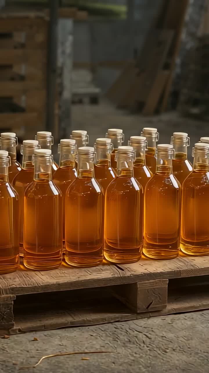 Vertical video: Pulling back camera panning up in workshop to reveal amber bottles on wood pallet