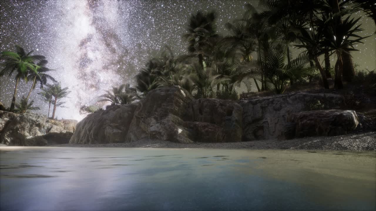 Beautiful fantasy tropical beach with Milky Way star in night skies