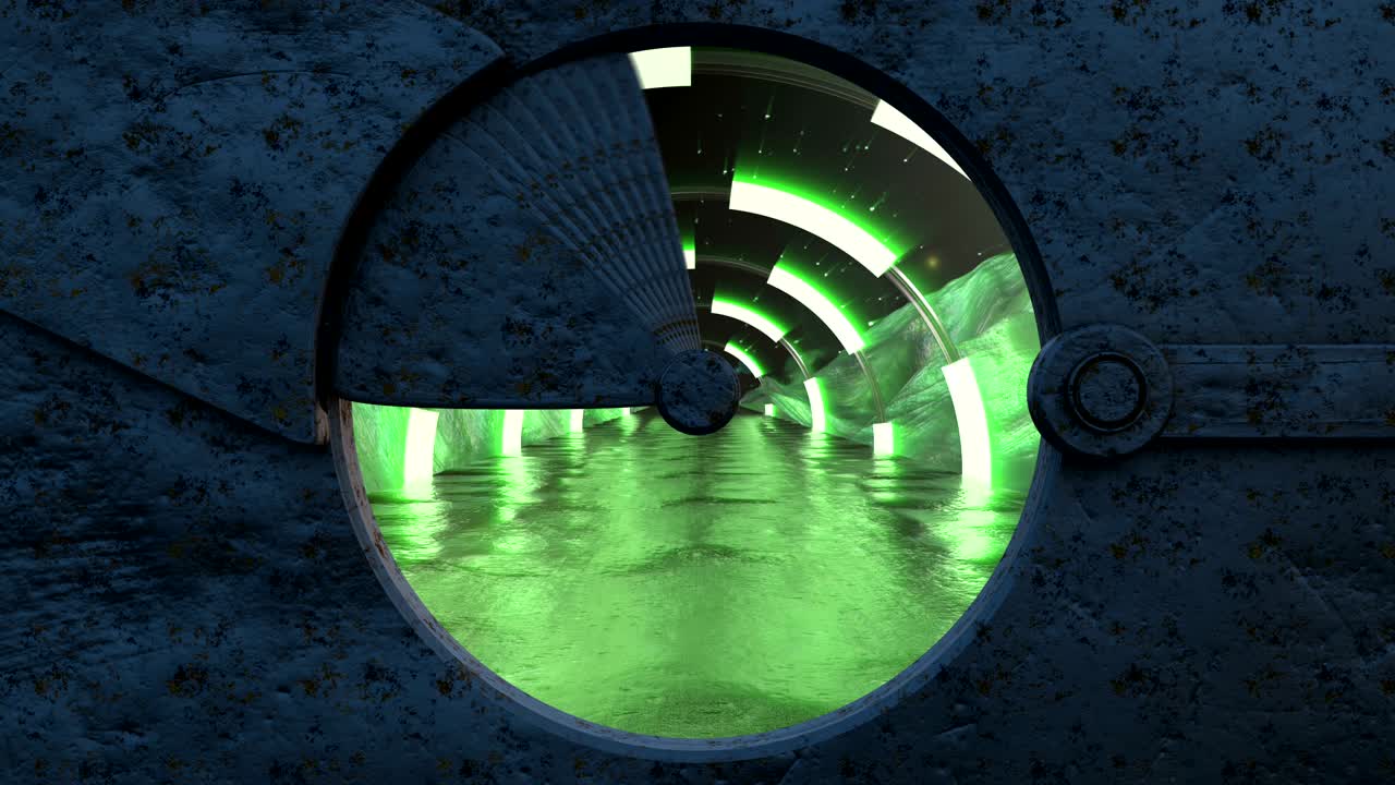 iron hatch는 외계 풍경 장면에 대한 파노라마 뷰를 열어줍니다. 3d 추상적인 sf 복도 배경, 미래 기술 추상적인 무결한 vj 기술 타이틀 및 배경.