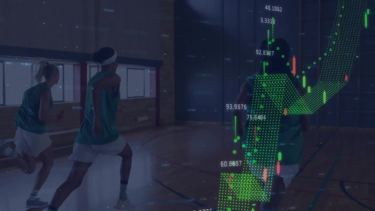 Animation of financial data processing over diverse group of female basketball players at gym