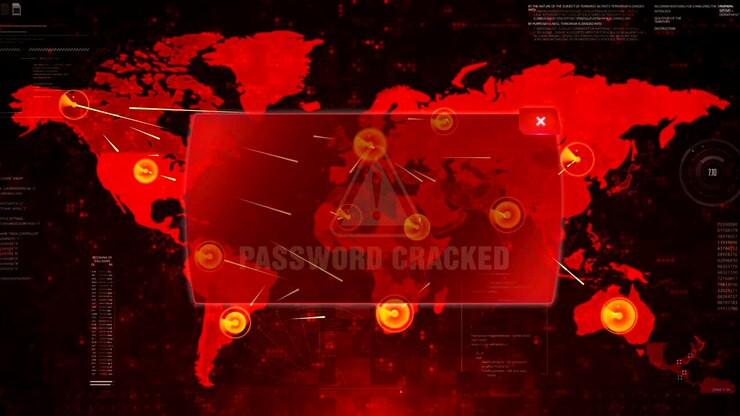 Password Cracked Alert Warning Attack on Screen World Map Loop Motion.