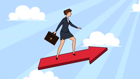 flat cartoon businesswoman character with case bag fly up in red arrow successful concept animation