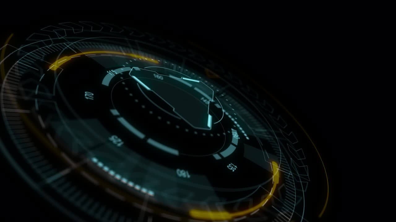 Motion graphic di rotazione di un cerchio blu 3D con interfaccia tecnologica head-up display (HUD UI) ed elementi futuristici, sfondo astratto con canale alfa incluso.