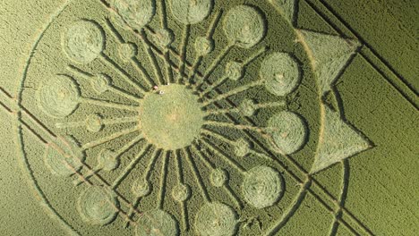 Top-down-twisting-aerial-over-intricate-crop-circle-in-farm-field,-Owslebury