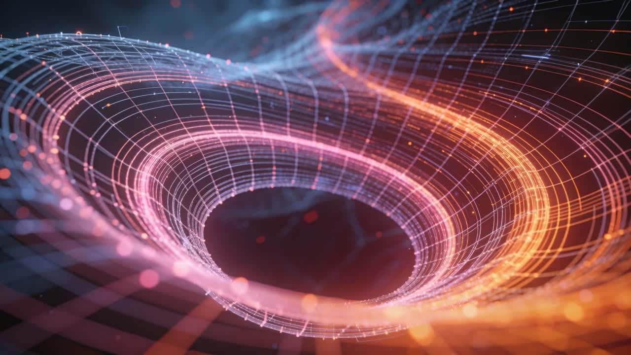 Shifting camera moving mesh torus inward in void, orange rim, dots, drawing toward hole