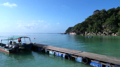 Anlegesteg-Strand-Palmen-Glatte-Felsen