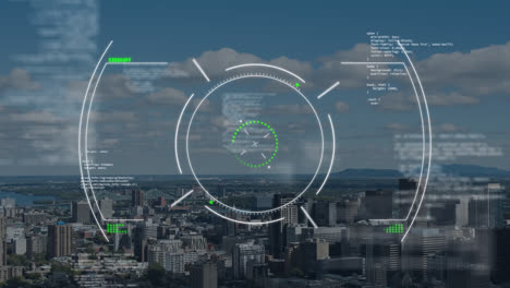 Animación-De-Círculos-Con-Lenguaje-Informático-Sobre-El-Paisaje-Urbano-Contra-El-Cielo-Nublado