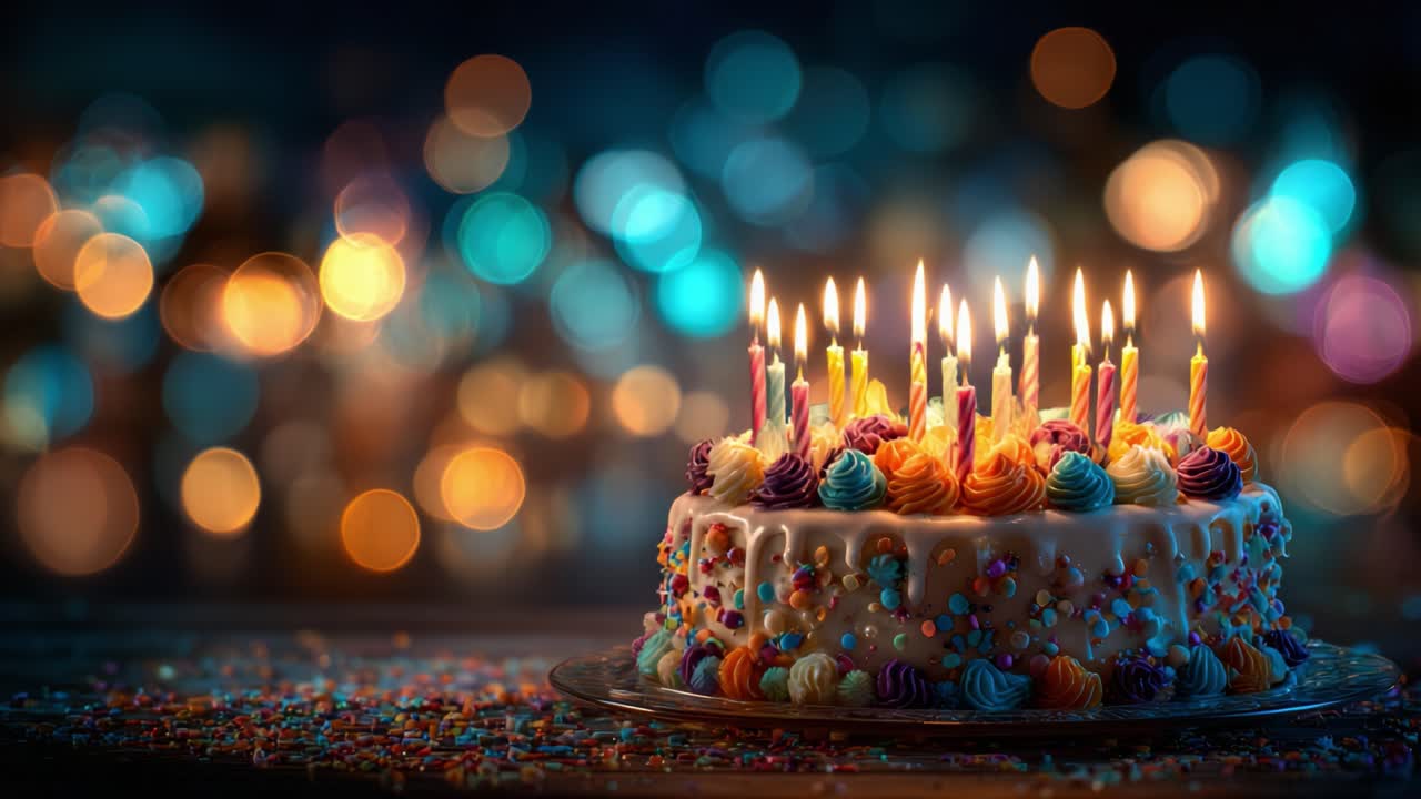 A Beautifully Decorated Birthday Cake Surrounded by Soft Glowing Lights, Highlighting Its Colorful Frosting and Candles, Perfect for Celebrations and Special Occasions