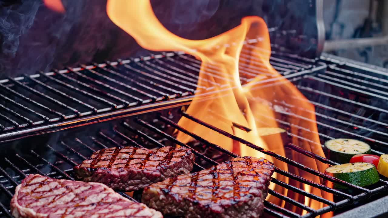 Primo piano, inquadratura all'altezza degli occhi di una griglia con bistecche e verdure, con fiamme che si levano.