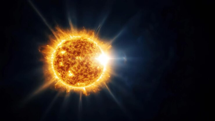 A cosmic video concept showing a fiery sun with radiant flares, captured from a dynamic angle