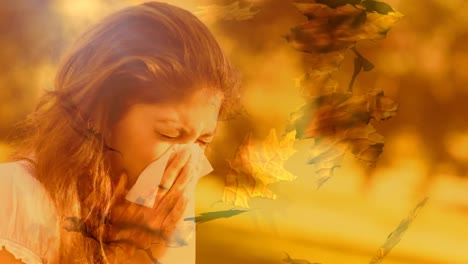 Falling-autumn-leaves-and-woman-sneezing-while-suffering-from-allergy-4k