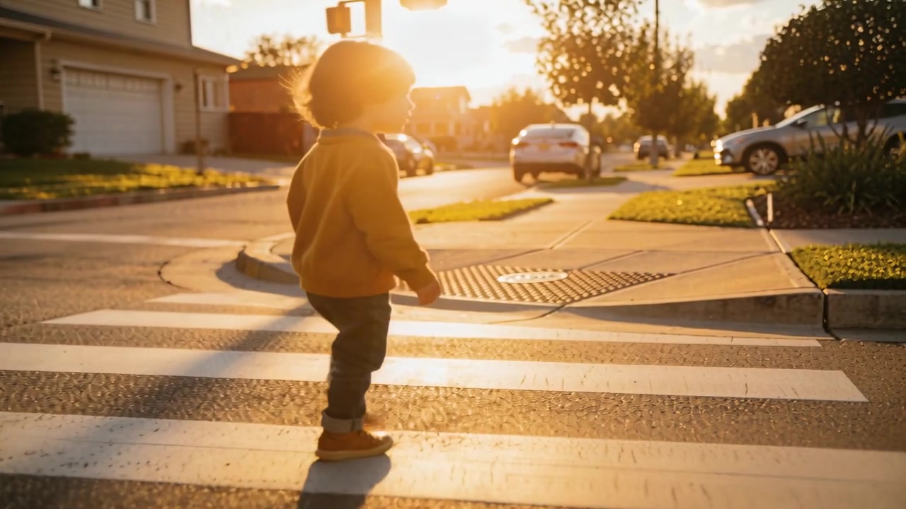Walking toddler in camel jacket pausing while glancing toward camera on crosswalk, heading to curb