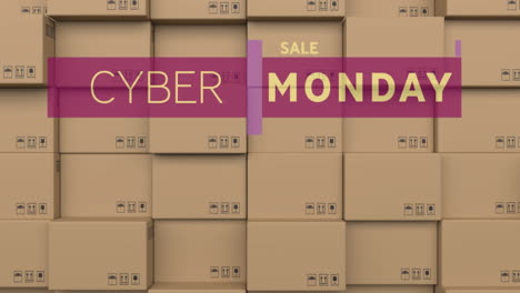 animation of cyber monday sale text over cardboard boxes