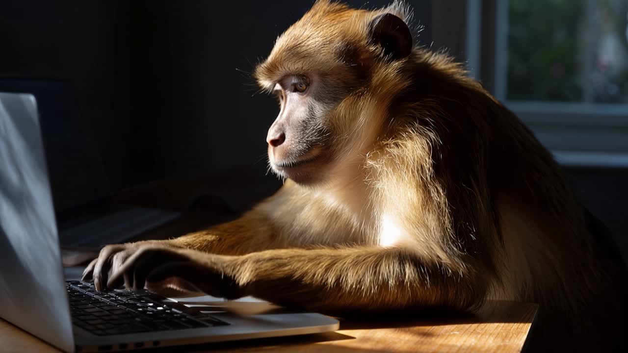 Sunlight glints off a monkey's fur as it types. It stares intently at the laptop screen, focused and serious. The monkey's paws press keys with steady, deliberate motion