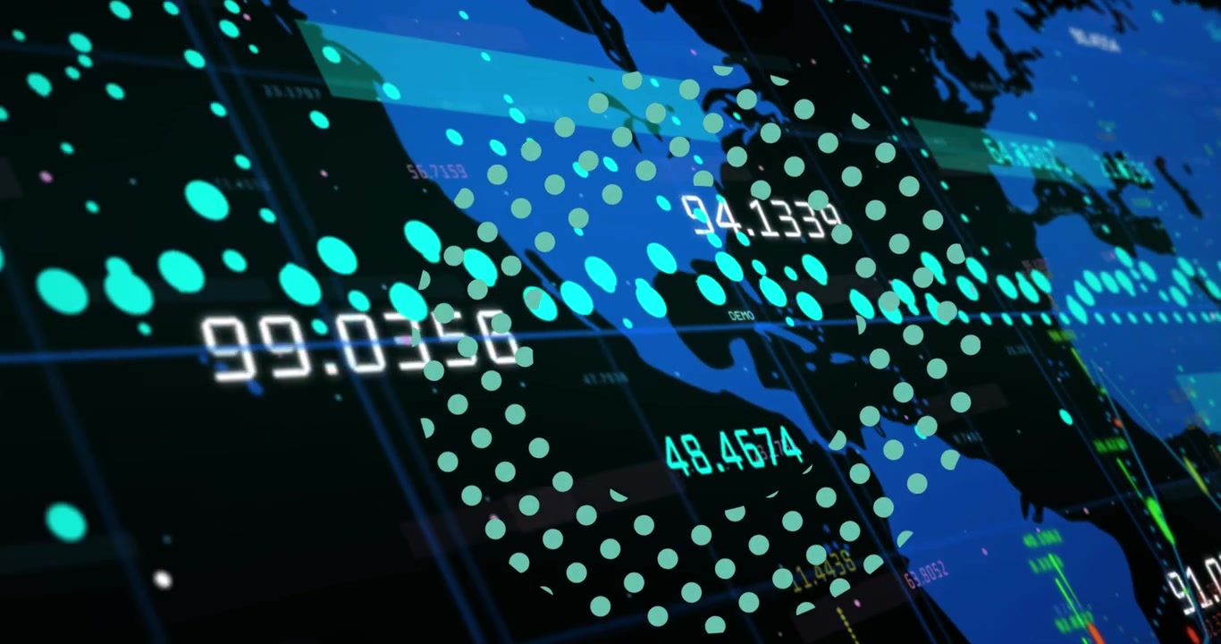 Animation of multiple changing numbers and data processing over world map against black background