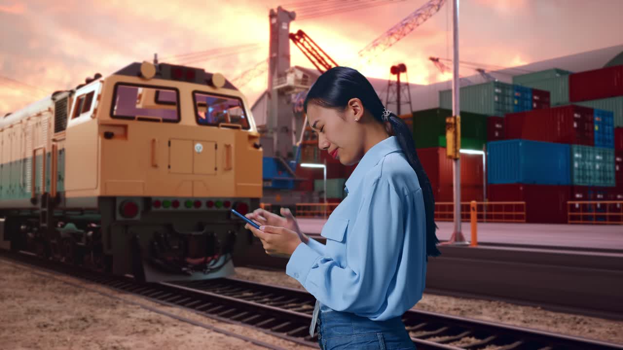 Side View Of Asian Female With Her Smartphone With Freight Cargo Train At Port, Checking With Dissapionted And Nodding Her Shead