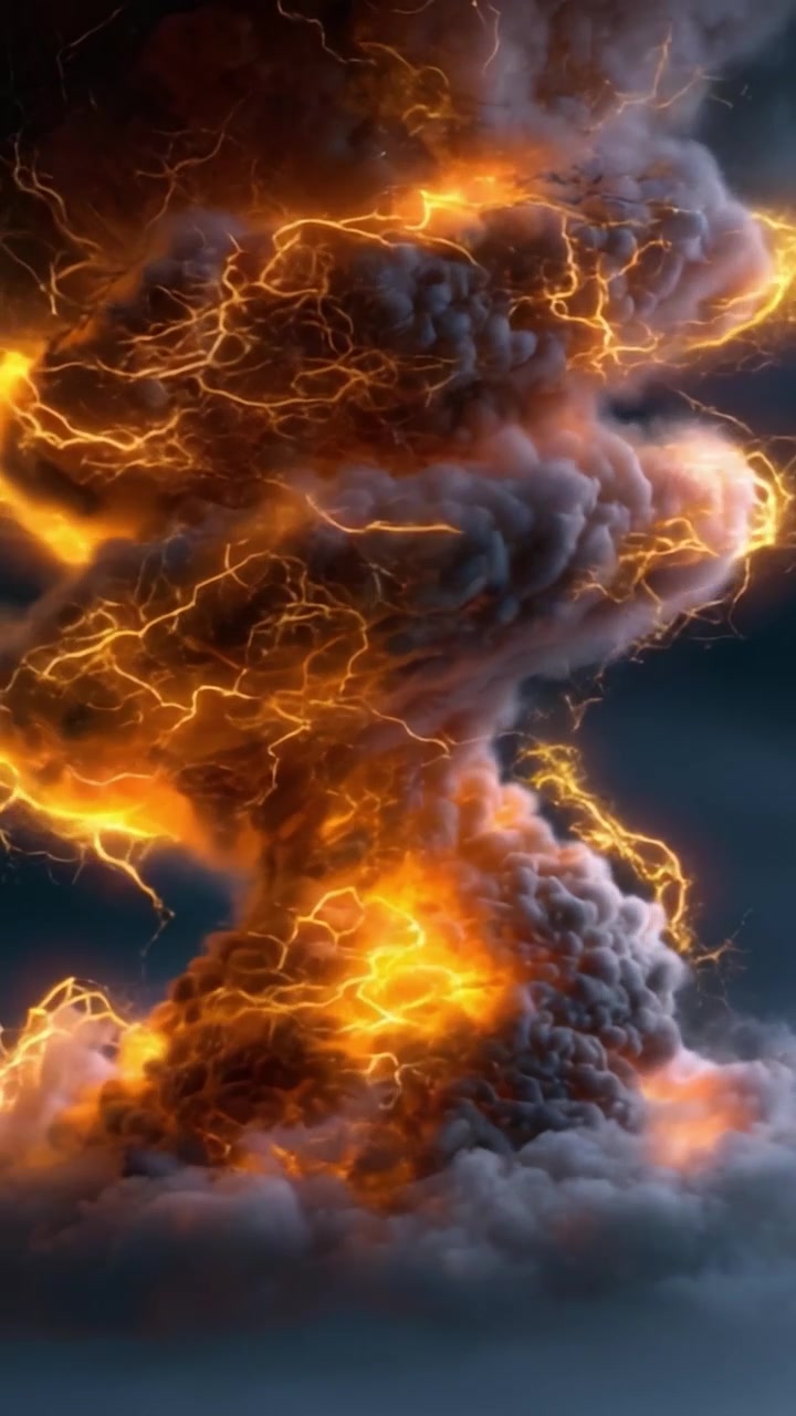Uno spettacolo drammatico di un temporale infuocato: un'immagine accattivante della furia della natura con nuvole vorticose, fulmini impressionanti e tonalità arancioni infuocate che intensificano la scena