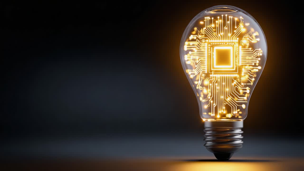 Una lampadina luminosa con un design a circuito stampato, che simboleggia l'intersezione di tecnologia e innovazione nel consumo energetico