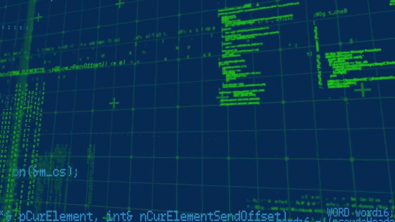 Animation of data processing over grid on blue background