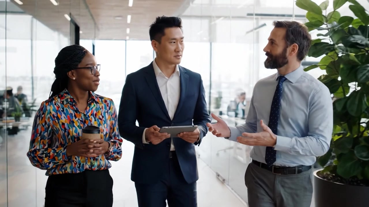 Kolaborasi Tim yang Menarik: Tiga Rekan Kerja di Lingkungan Kantor Modern Berbagi Ide dan Wawasan Sambil Menikmati Waktu Bersama dan Menggunakan Perangkat Digital.