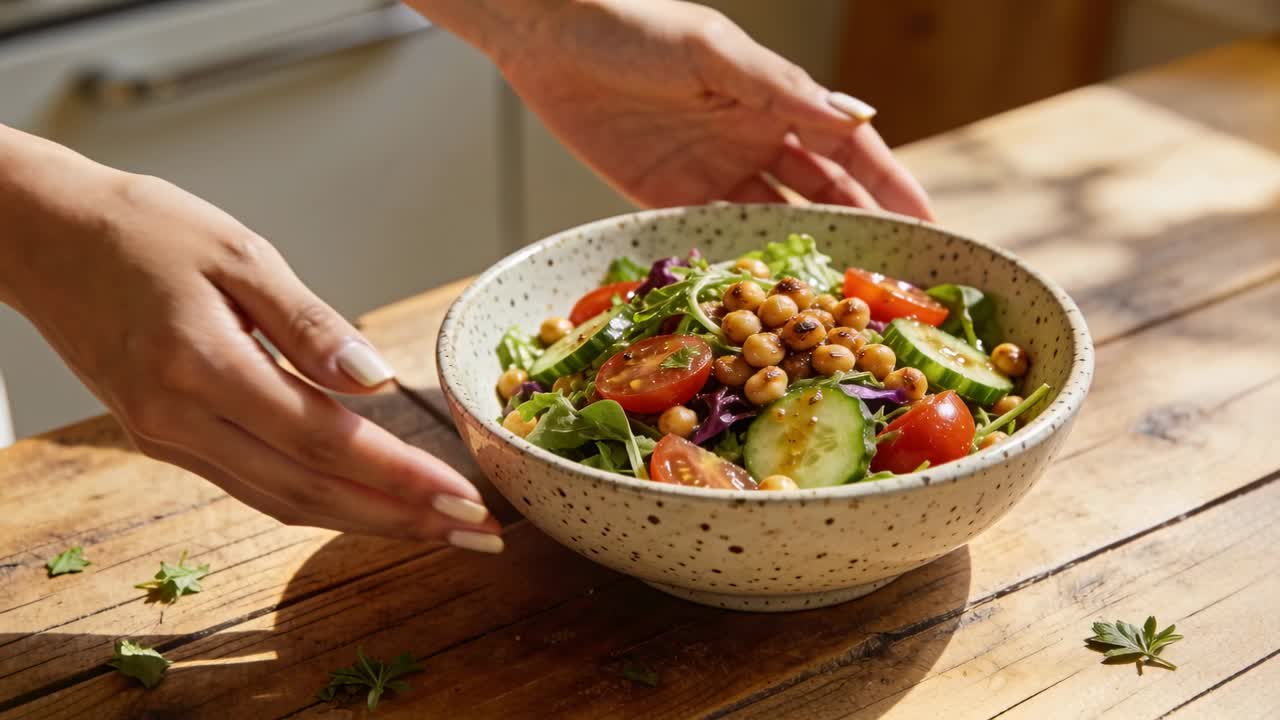 Donna che si allunga, posa una ciotola di insalata su un tavolo di legno per lo styling del cibo, con la luce del sole che proietta ombre tenui.