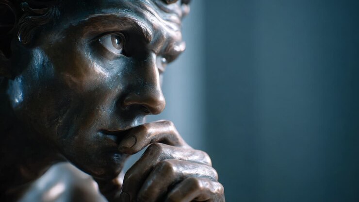 Primo piano di una scultura in bronzo pensierosa che cattura emozione intensa e maestria artistica, evidenziando dettagli raffinati nel contrasto di luci e ombre