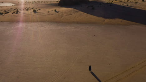 inclinación aérea disparada hacia atrás sobre persona caminando en el desierto soleado en arabia saudita