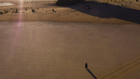 aerial tilt shot backwards over person walking on sunlit desert in saudi arabia