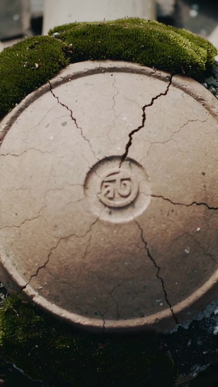 Vertical video: Moving closer, camera revealing cracked clay cap on vent showing logo, moss grit