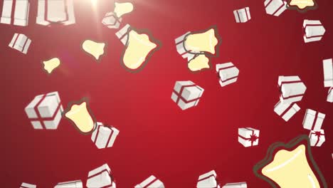 múltiples iconos de regalos de navidad y campanas cayendo contra el punto de luz sobre un fondo rojo