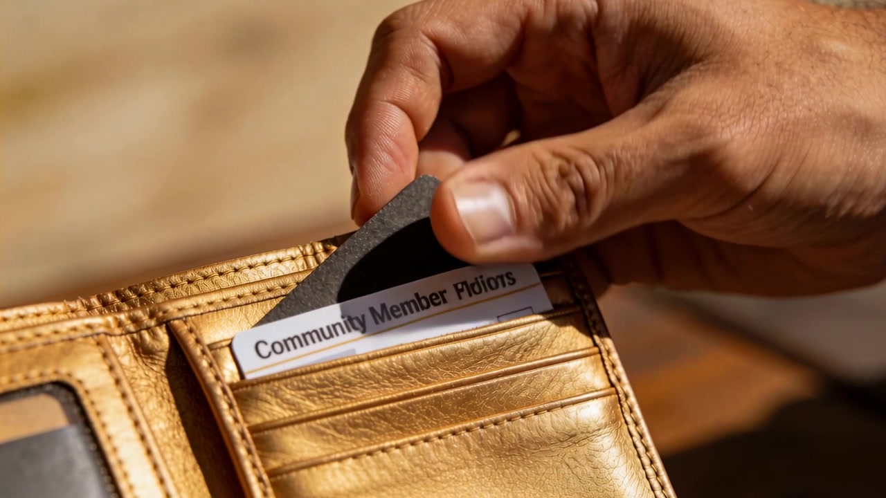 Een hand opent een portemonnee en trekt een grijze kaart achter een 'Community Member'-kaart vandaan om een identiteitsbewijs te onthullen op een zonovergoten tafel.