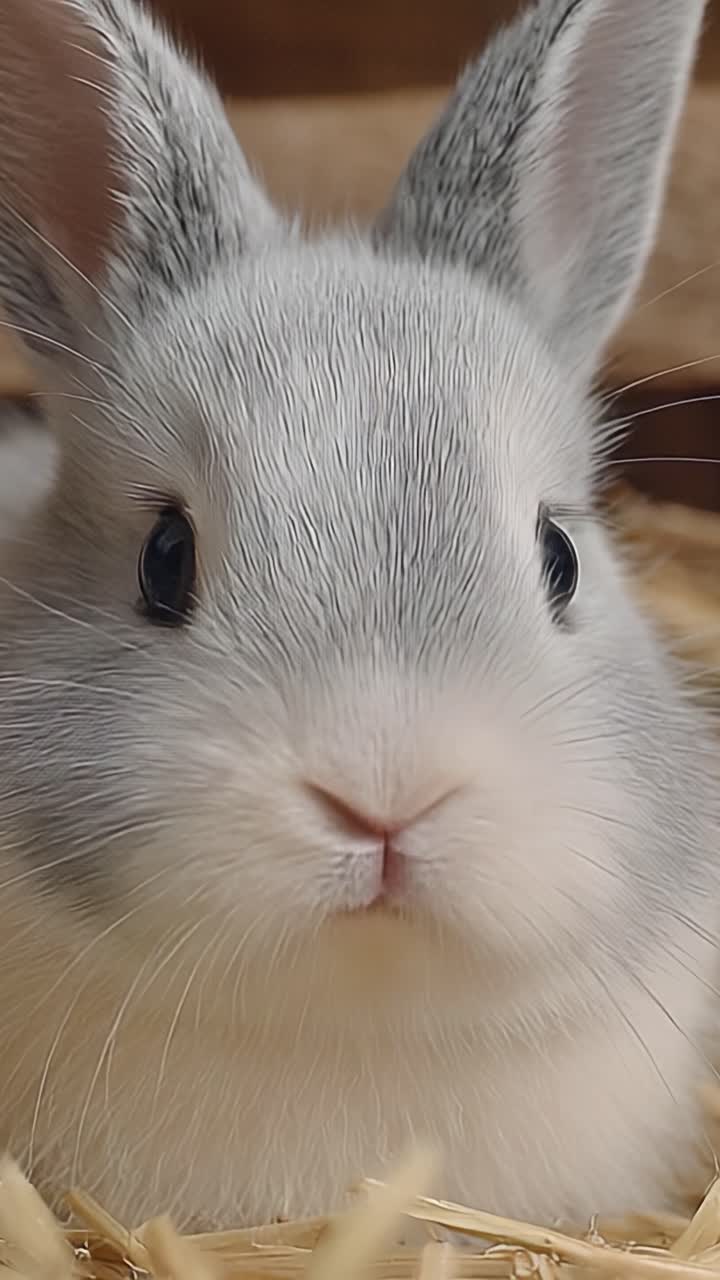 Primo piano di un adorabile coniglietto grigio e bianco ripreso nel suo habitat naturale, che esibisce la sua morbida pelliccia e i suoi tratti espressivi, ideale per amanti degli animali e appassionati di fauna selvatica.