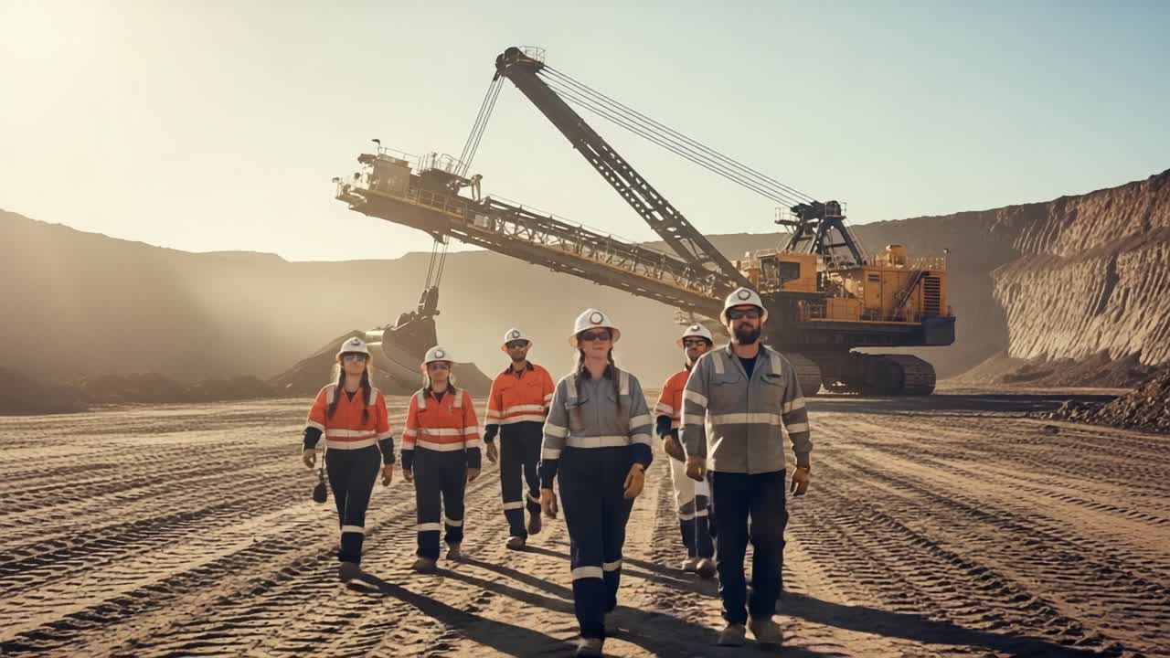 A Diverse Team of Miners and Machinery in a Quarry Environment: Uniting for Safety, Efficiency, and Dedication in Modern Mining Operations Under Clear Skies
