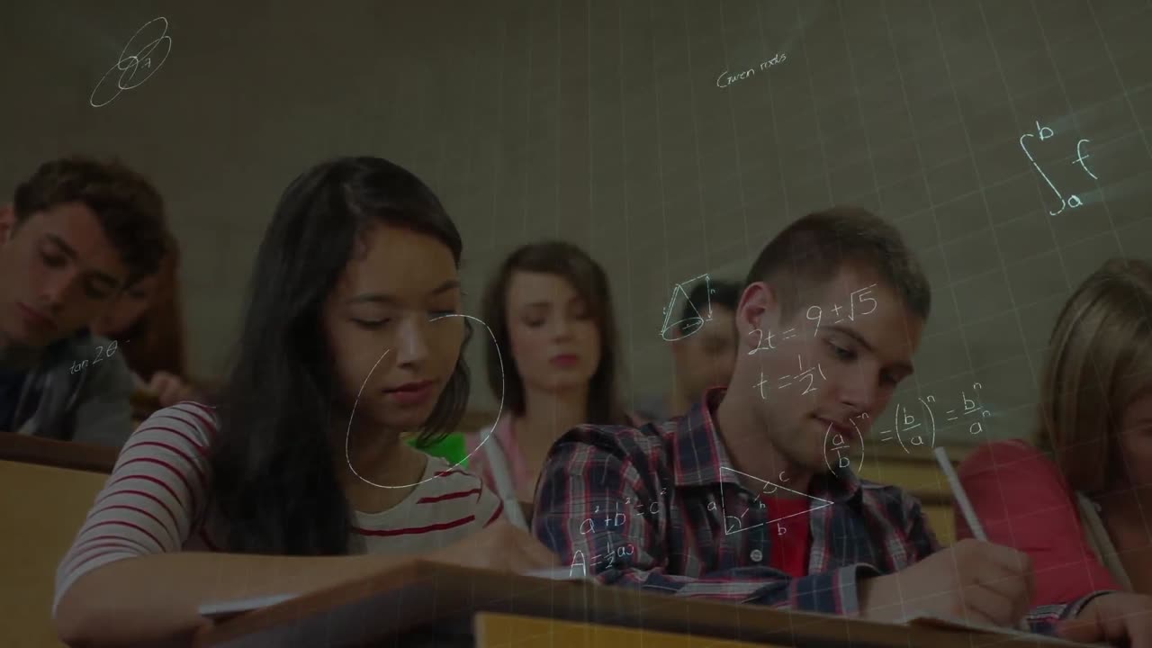 estudiantes tomando notas rodeados de animación de símbolos matemáticos
