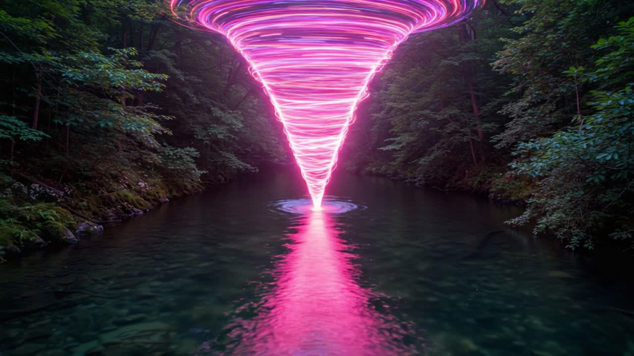 A Mesmerizing Light Tornado Above a Serene River: A Unique Dance of Color and Motion in Nature's tranquil Setting