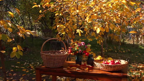 Mesa-Con-Cestas-De-Nueces-Y-Granadas-Rojas-Maduras-Durante-El-Otoño-De-Acción-De-Gracias