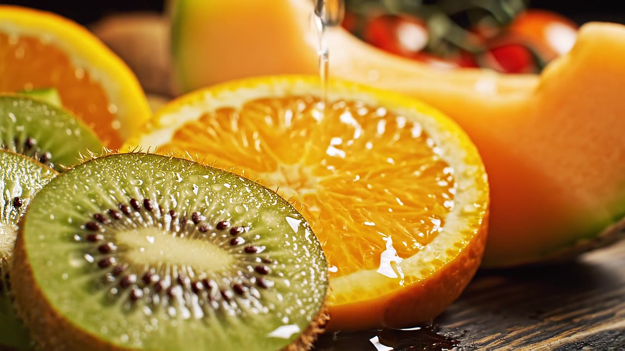 Rodajas frescas de kiwi y naranja con agua vertiéndose encima