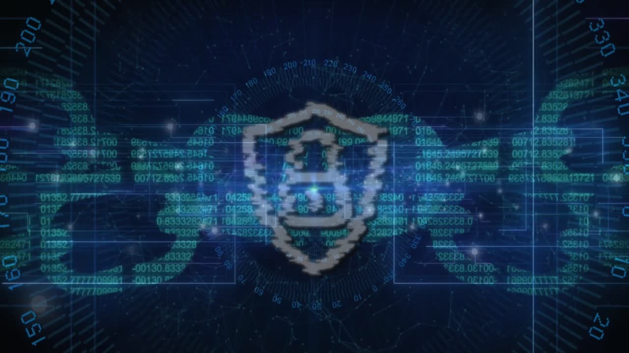 Animation of connecting dots over security padlock and chain icon against blue background