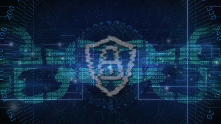 Animation of connecting dots over security padlock and chain icon against blue background