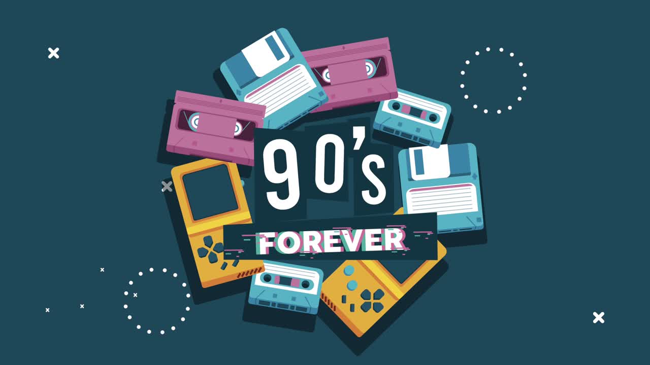 anni '90 per sempre scritti con cassette e videogiochi in sfondo in stile retro di memphis