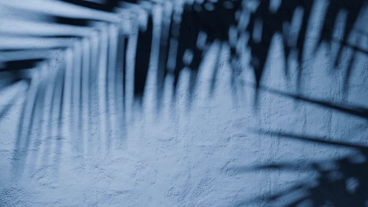 Shadow of palm leaves on textured blue plaster wall with natural sunlight. Tropical plant silhouette on stucco surface. Design for wallpaper, banner, postcard, greeting card, poster, vertical