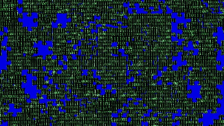zero and one green binary digital code, with puzzle pieces background falling down on chroma key blue screen background, computer generated seamless loop abstract motion background, new technology concept