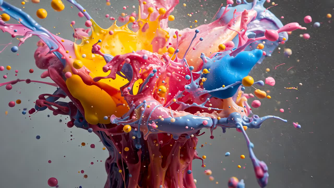 Surging on cue pink yellow blue paint streams in studio colliding folding and settling droplets