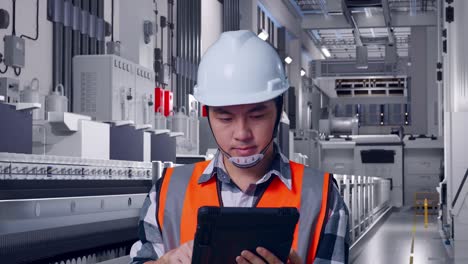 close up of asian male engineer with safety helmet working on a tablet while standing at pharmaceutical factory, vaccine production facility